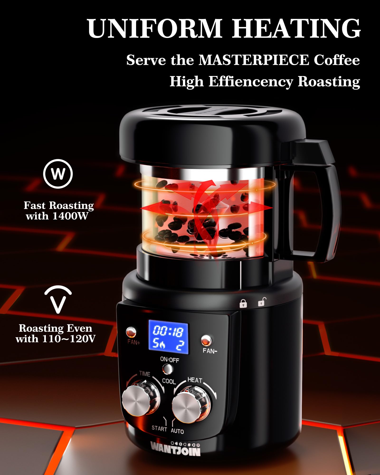 WantJoin Coffee Bean Roaster Machine for Home Use, Coffee Roaster with Timer, Transparent Thickened Glass, Auto&Diy Mode, 100g per use, Father's Day Gift for Coffee Drinker, Friends,1400W