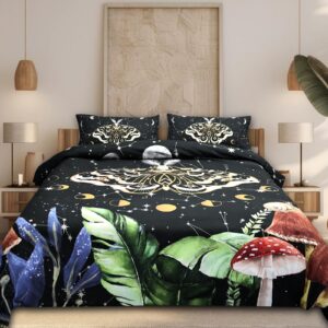 zhh duvet cover queen bedding 3 of set - mushroom butterfly quilt cover with 4 corner belts, soft breathable, black