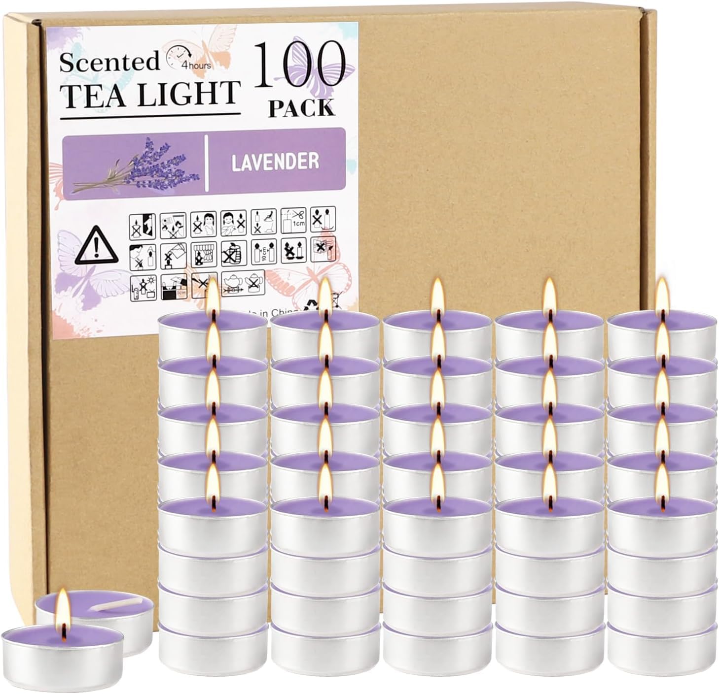 Howemon Purple Lavender Scented Tealight Candles - 4 Hours - Giant 100 Bulk Packs - Smokeless Tea Lights for Valentine's Day, Weddings,Christmas, Home Decorative