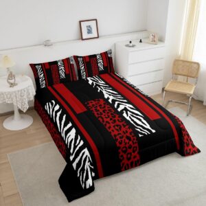 Leopard Print Comforter Set Queen Size,Zebra Skin Stripes Rustic Farmhouse Bedding Set,Girls Women Room Decor,Geometric Square Patchwork Down Comforter,Red Black Fashion Duvet Insert,2 Pillowcases