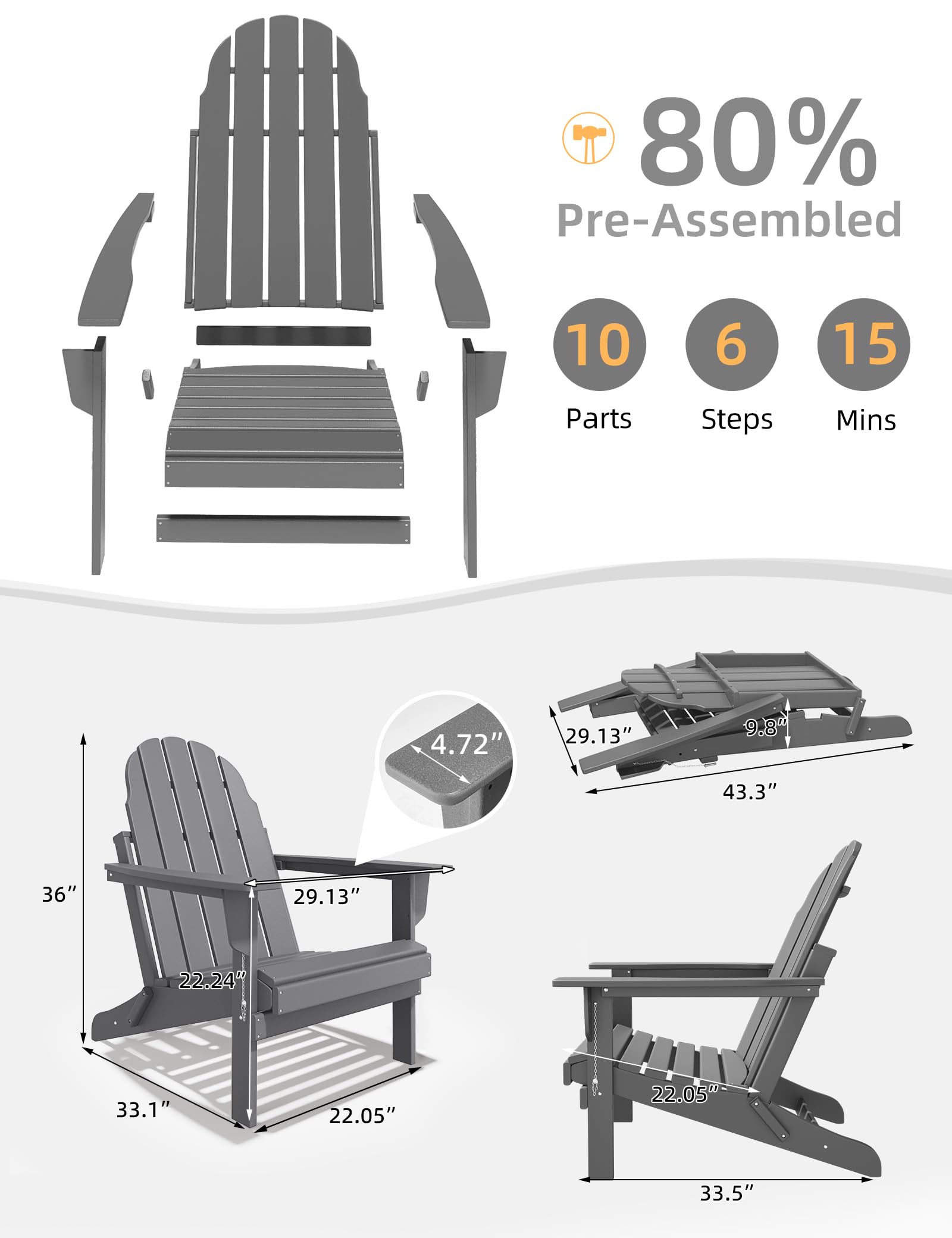 Folding Adirondack Chair - Durable HDPE Poly Lumber All-Weather Resistant, Foldable Oversized Balcony Porch Patio Outdoor Chair for Lawn, Backyard, Deck, Garden, Camping - Easy Installation, Gray