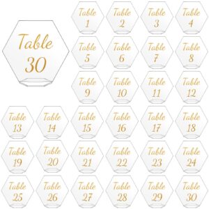 zhanmai 30 pcs acrylic table numbers 1-30 for wedding table numbers hexagon table number signs 5.5 x 5 inch clear place cards with stand for wedding reception events party restaurant (gold letter)