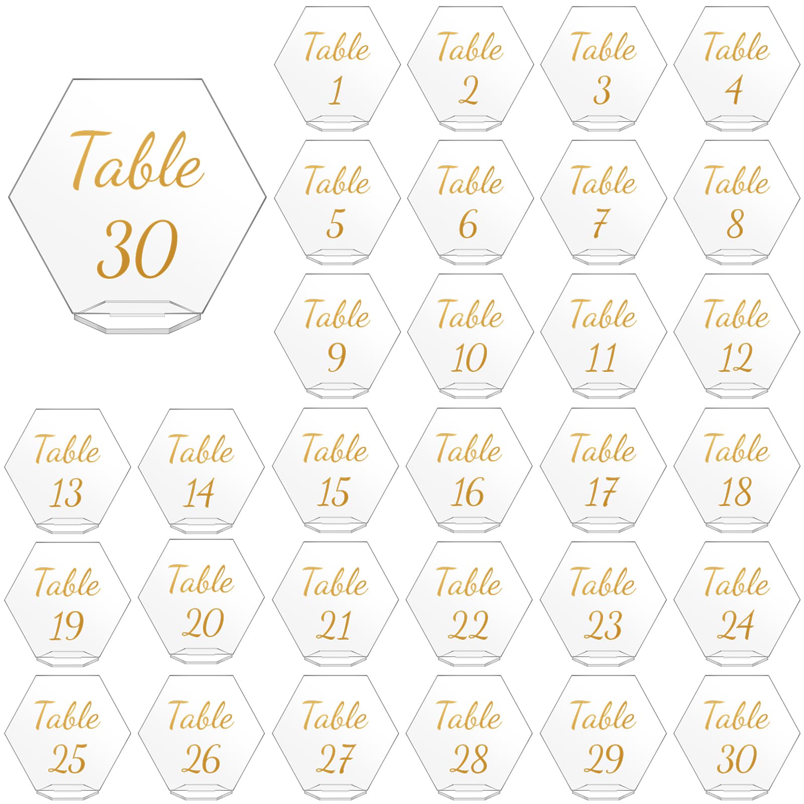 Zhanmai 30 Pcs Acrylic Table Numbers 1-30 for Wedding Table Numbers Hexagon Table Number Signs 5.5 x 5 Inch Clear Place Cards with Stand for Wedding Reception Events Party Restaurant (Gold Letter)