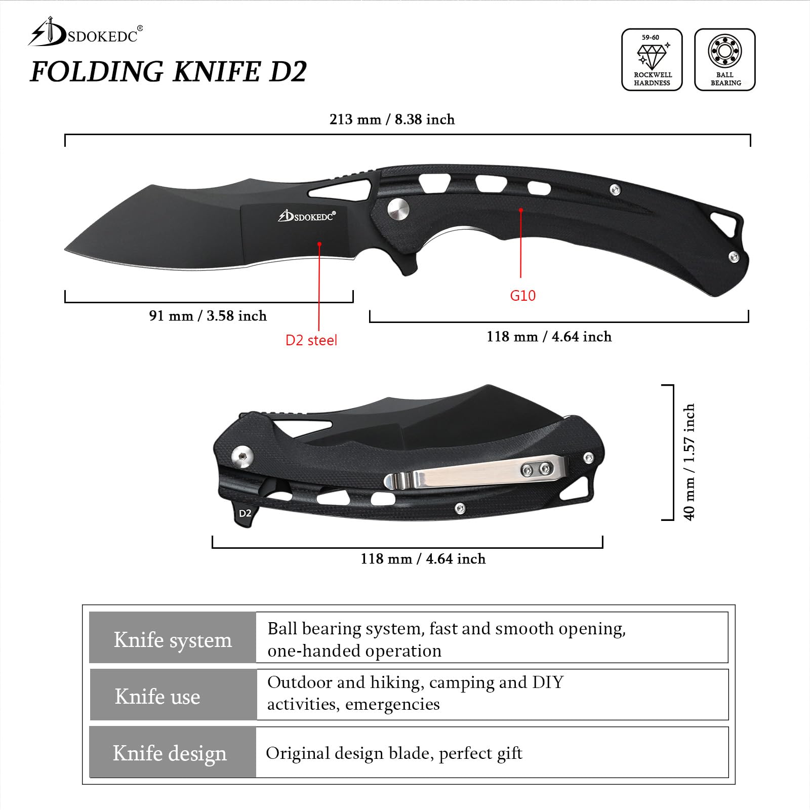 SDOKEDC Knives D2 Steel Ball Bearing Folding Knife for Men G10 Handle EDC Tactical Pocket Knife for Outdoor Survival Hunting