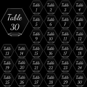 zhanmai 30 pcs acrylic table numbers 1-30 for wedding table numbers hexagon table number signs 5.5 x 5 inch clear place cards with stand for wedding reception events party restaurant (white letter)