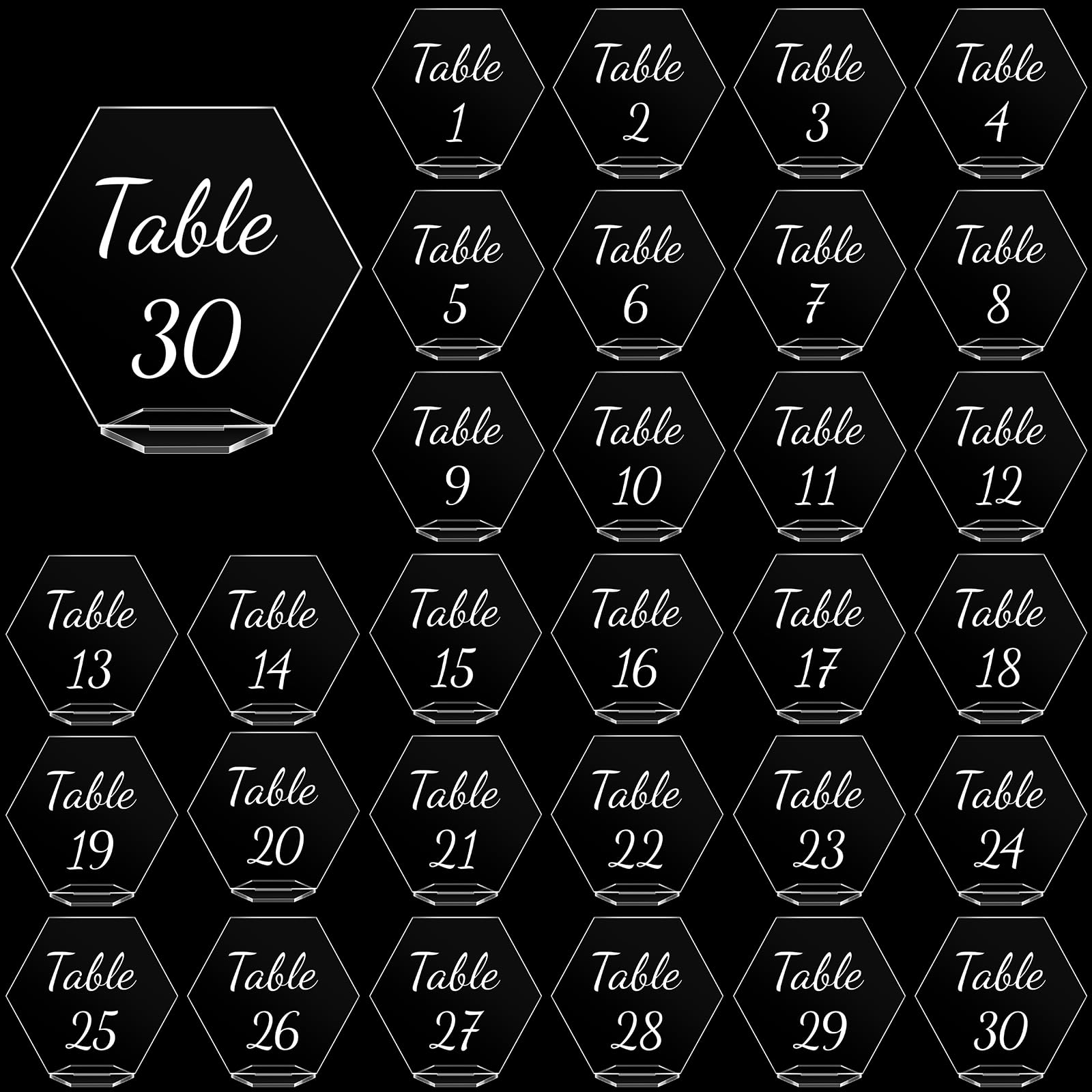 Zhanmai 30 Pcs Acrylic Table Numbers 1-30 for Wedding Table Numbers Hexagon Table Number Signs 5.5 x 5 Inch Clear Place Cards with Stand for Wedding Reception Events Party Restaurant (White Letter)