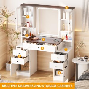 Vanity Desk with Mirror and Lights,White Makeup Vanity Table with Power Strip & LED Lighted Mirror,43in Large Makeup Desk with 5 Drawers,4 Cabinets and Lots Storage,3 Lighting Modes,White+Brown