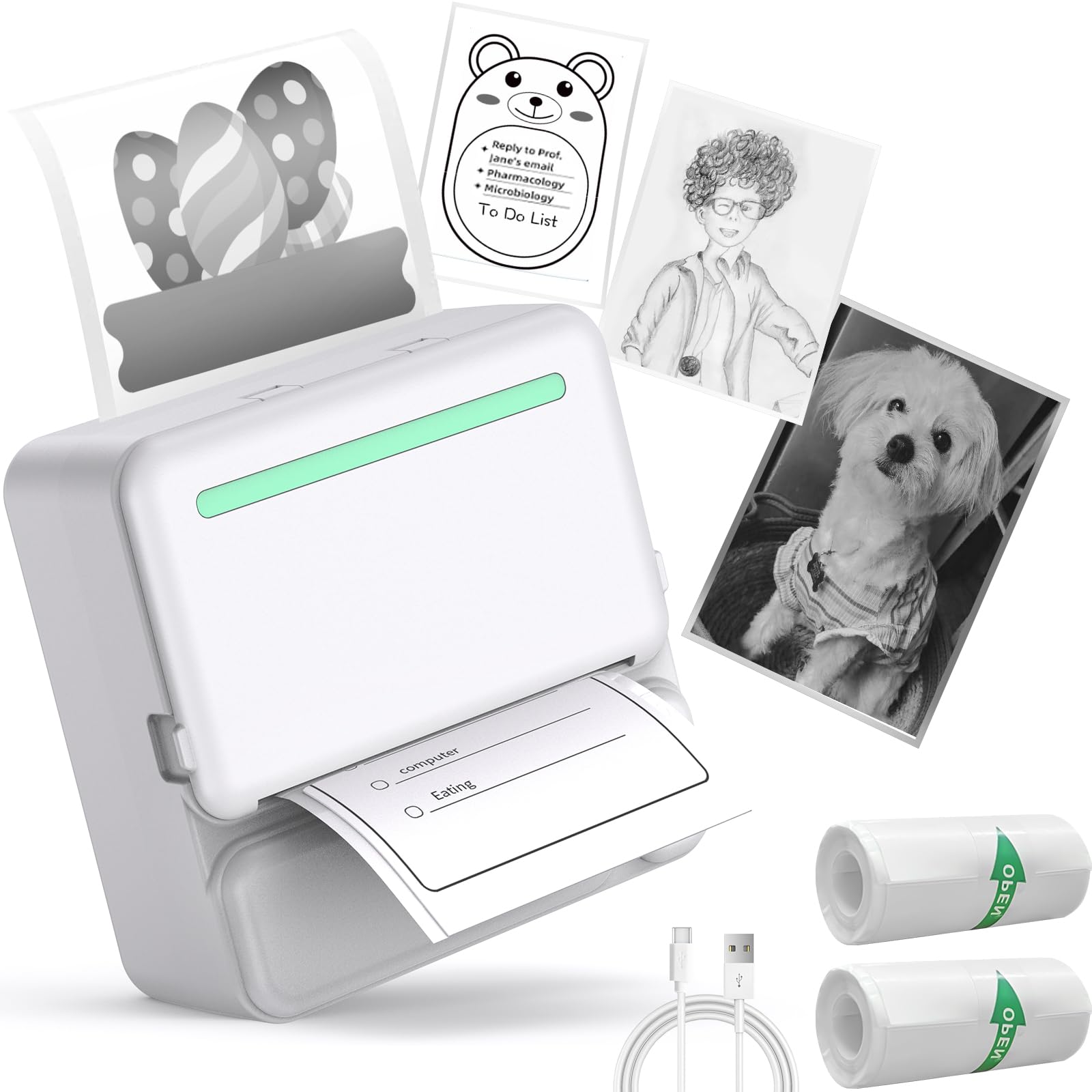 kazazoo Mini Thermal Printer Bluetooth Pocket Printer Portable Inkless Sticker Printer for Notes/Lists/Label/Memo/Scrapbook, Photos Compatible with iPhone iOS & Android or Tablet (with 2 Roll Paper)