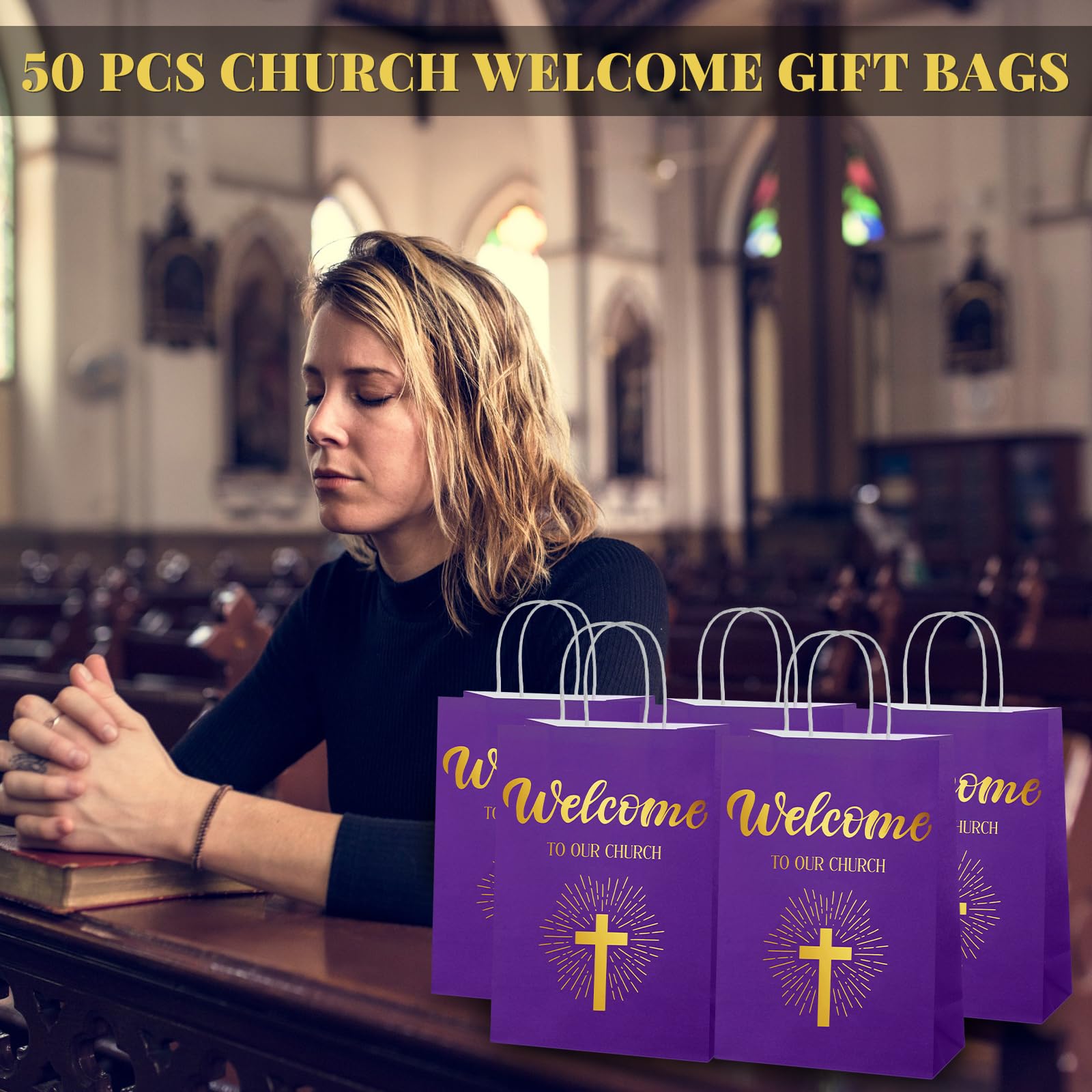 Chuangdi 50 Pcs Church Welcome Gift Bags Christmas Christian Paper Bags Welcome to Our Church Bags Religious Bags with Handles for Church Guest Baptism Birthday Church Party,5.9 x 3.15 x 8.27 Inch(Purple)