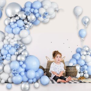 Blue White Balloon Arch Kit, 108 Pcs Blue Silver White Balloon Garland with 18/12/10/5 Inch Pastel Baby Blue White Silver Latex Balloons for Boys Baby Shower Birthday Wedding Graduation Decorations