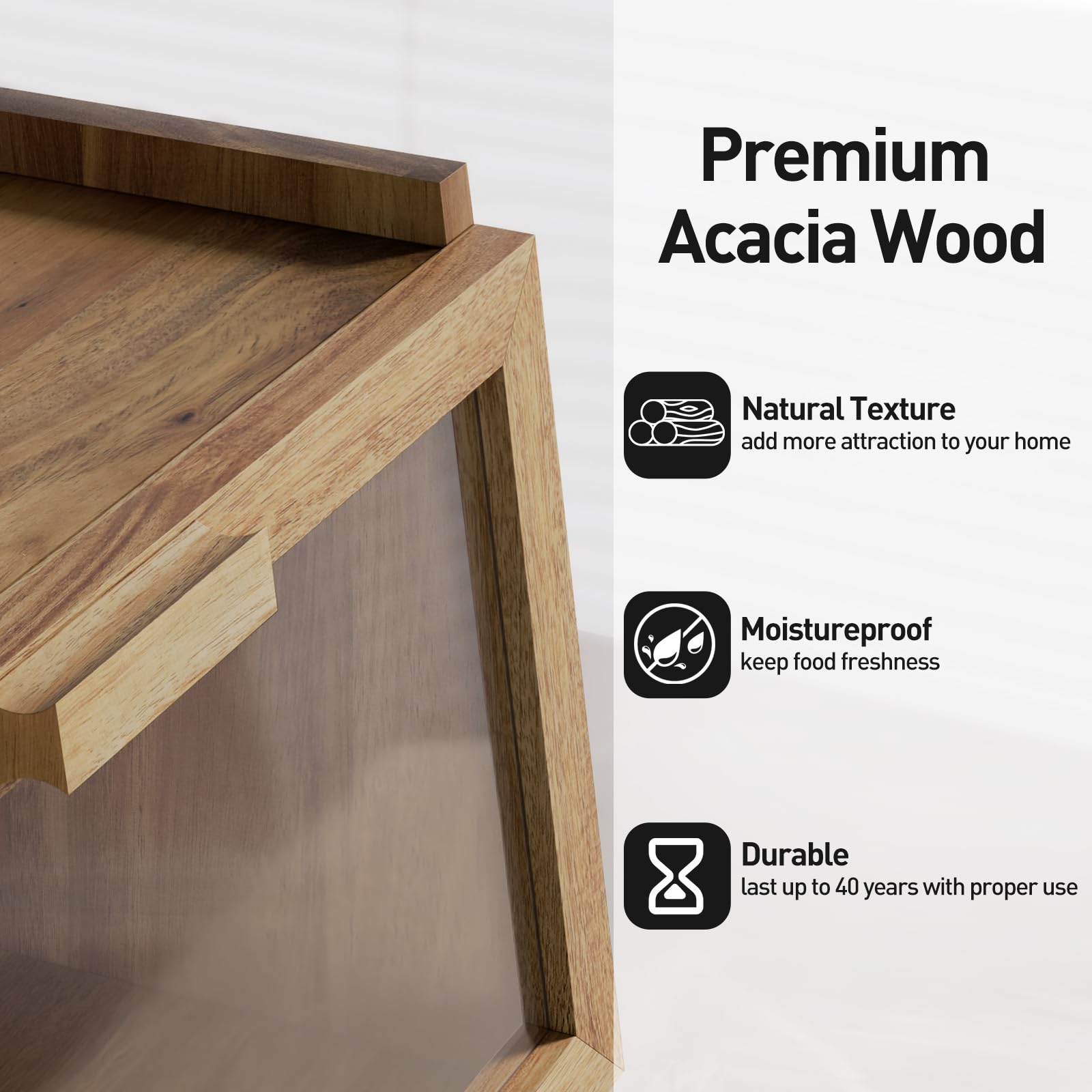 Acacia Wood Bread Box for Kitchen Countertop, Large Wooden Bread Storage Container, with Clear Window Back Air Vent and Anti-falling Design, Bread Boxes for Keeping Food Fresh in Home and Kitchen