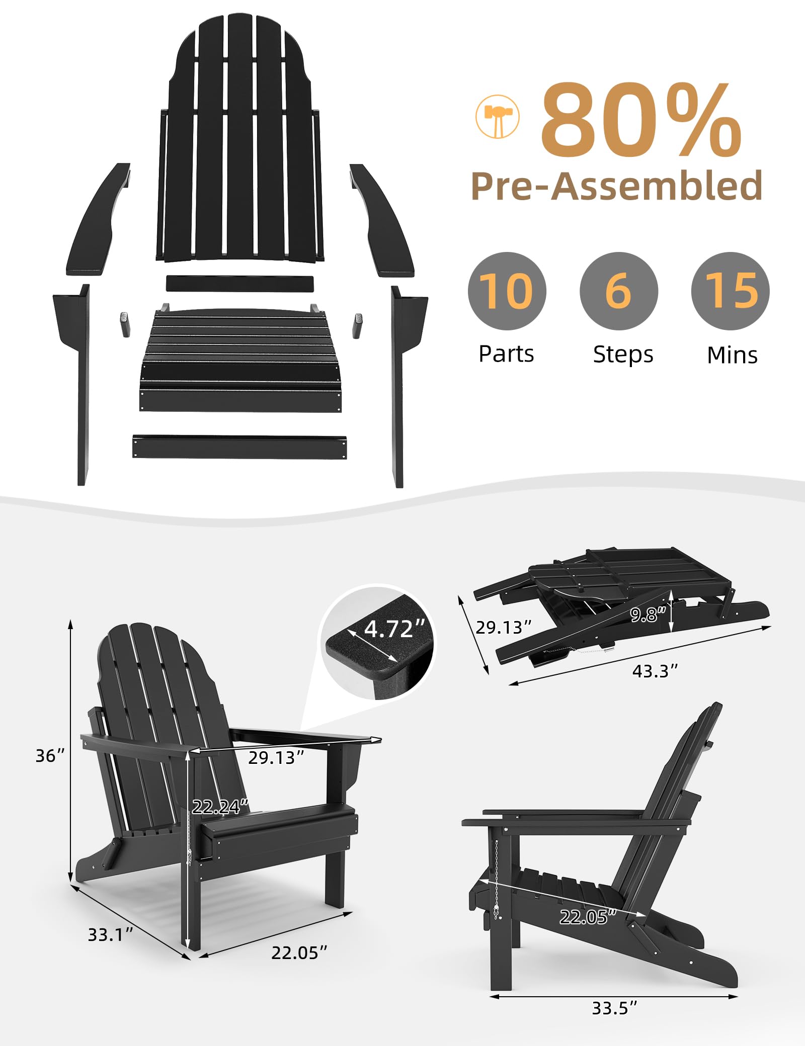 Folding Adirondack Chair - Durable HDPE Poly Lumber All-Weather Resistant, Foldable Oversized Balcony Porch Patio Outdoor Chair for Lawn, Backyard, Deck, Garden, Camping - Easy Installation, Black