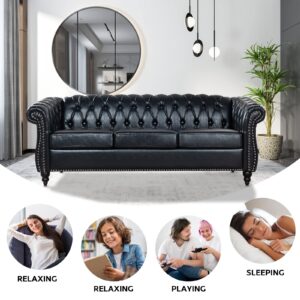 TINGMAMADEHUA Black Chesterfield Sofa,3 Seater Sofas,Button Tufted Faux Leather Couch for Living Room Bedroom Office