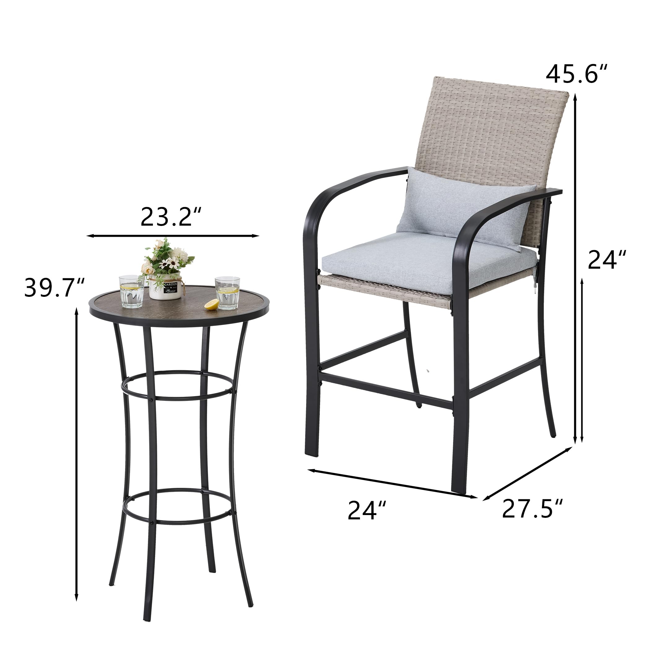 Apepro Outdoor Bar Table Set for 2,Patio Bar Height Table and Chairs Set with Soft Cushions and Steel Frame,Grey