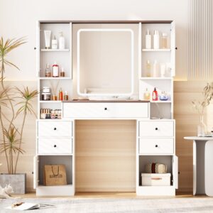 Vanity Desk with Mirror and Lights,White Makeup Vanity Table with Power Strip & LED Lighted Mirror,43in Large Makeup Desk with 5 Drawers,4 Cabinets and Lots Storage,3 Lighting Modes,White+Brown