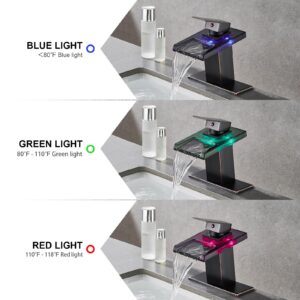 ZORIOU LED Bathroom Sink Faucets, Oil Rubbed Bronze Waterfall 3 LED Light Single Handle Stainless Steel Bathroom Faucet with Pop Up Drain