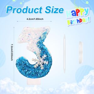 Frozen Birthday Candles 0-9, Snowflake Glitter Number Candles White and Blue Cake Decorations for Kids Adults Birthday Wedding Anniversary Party Supplies (3)