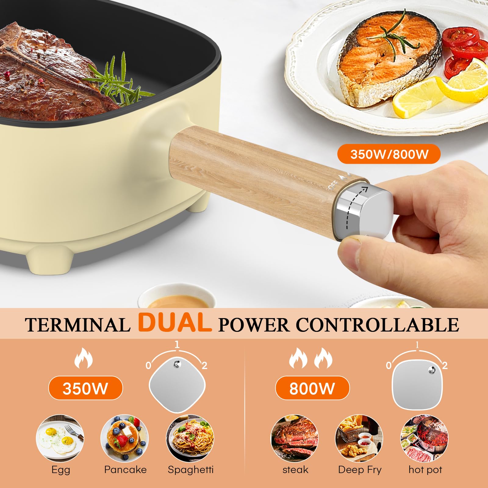 Audecook Hot Pot Electric 2L, Cermic Glaze Non-Stick Frying Pan 8 Inch, Portable Travel Cooker for Ramen/Steak/Fried Rice/Oatmeal/Soup, with Dual Power Control (Silicone Spatula Included)