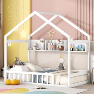 house bed twin size floor bed with fence railings, montessori bed frame with storage shelves, wood playhouse beds for kids girls boys, white