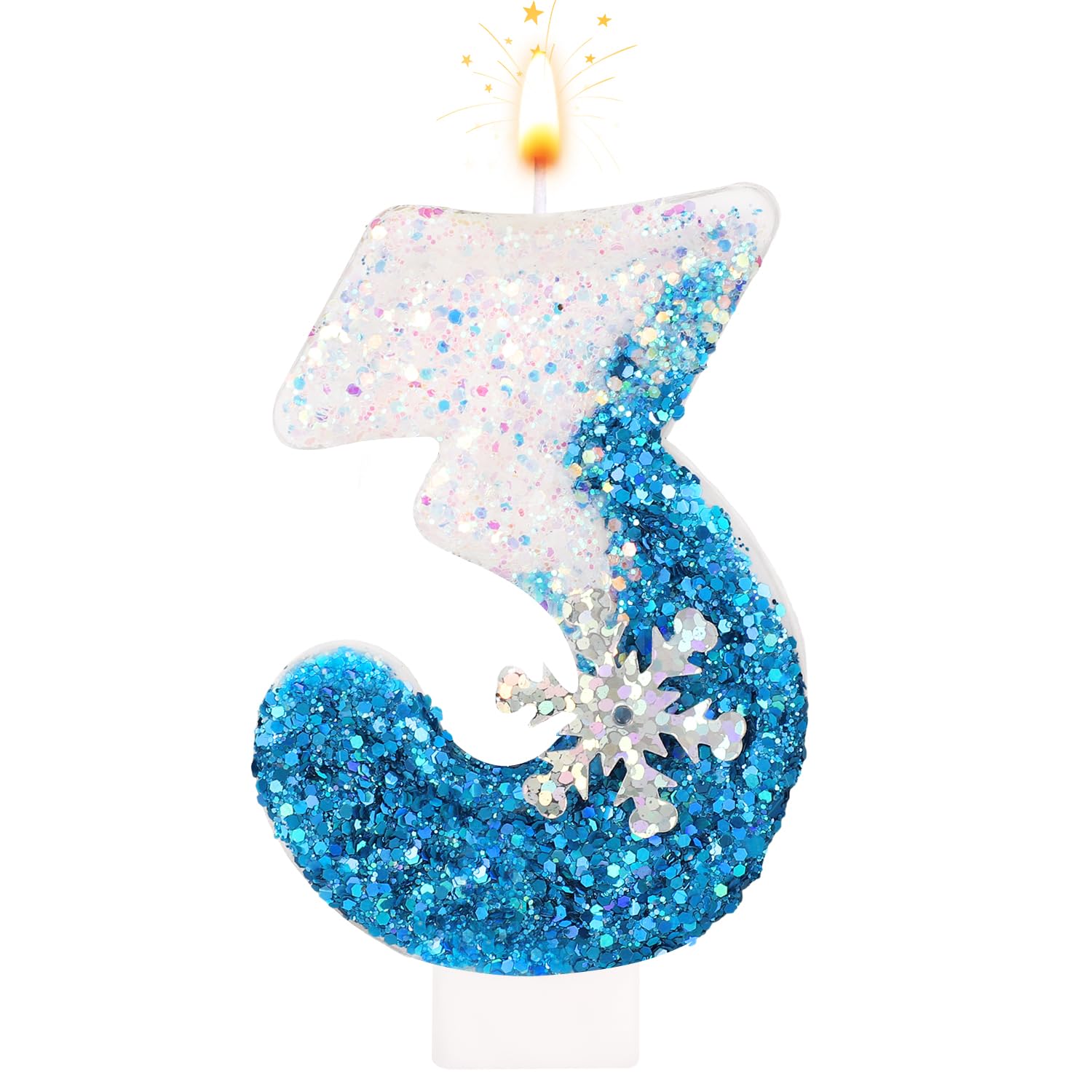 Frozen Birthday Candles 0-9, Snowflake Glitter Number Candles White and Blue Cake Decorations for Kids Adults Birthday Wedding Anniversary Party Supplies (3)