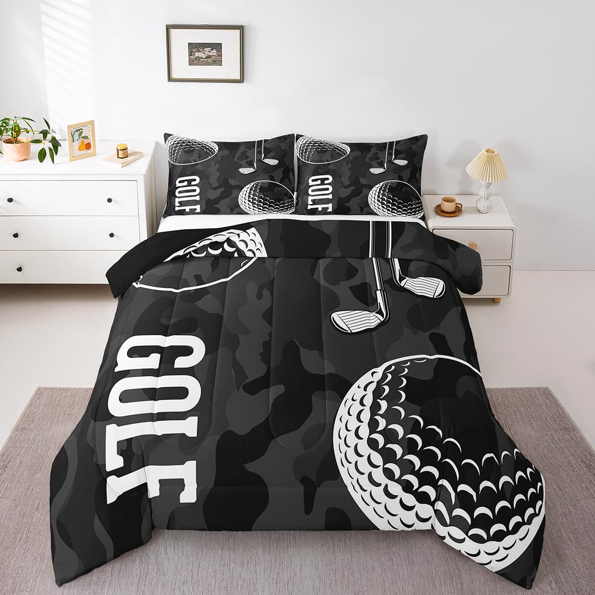 Erosebridal Golf Print Comforter Set Black Camo Bedding Sets King Kids Boys Teens Camouflage Comforter Sports Themed Bedding,Ball Gaming Duvet Golf Balls Quilt 3 Piece Soft Lightweight Down Comforter