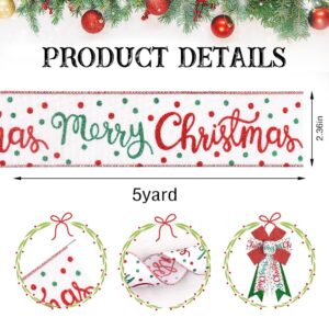 Hying 3 Rolls Merry Christmas Ribbons for Wreath Bows Crafting, Xmas Wired Edge Ribbons Glitter Red Green Ribbon Winter Holiday Craft Ribbons for Gift Wrapping Christmas Party Decorations Ornaments