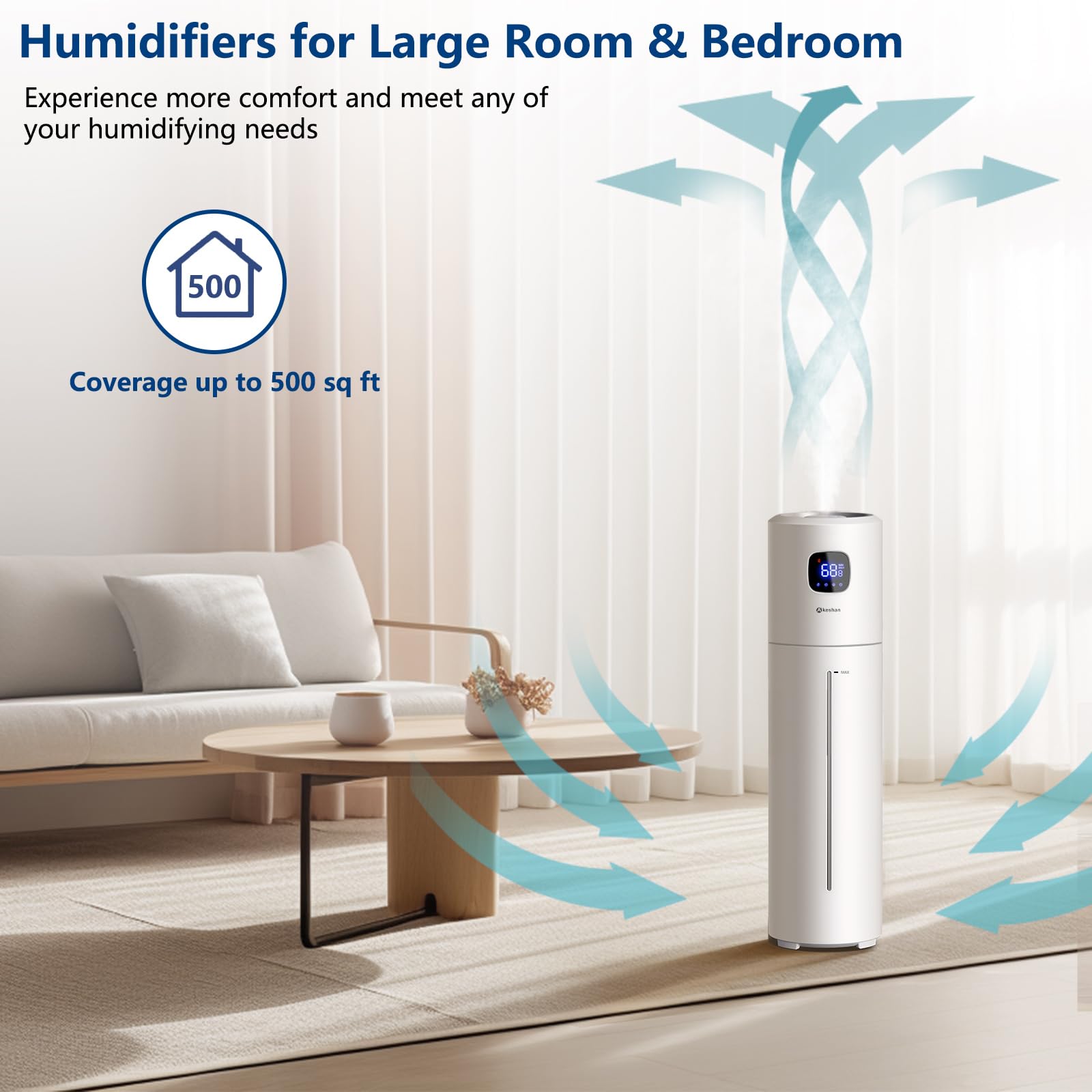 Large Humidifiers for Bedroom, 9L/2.5Gal Ultrasonic Cool Mist Humidifier, Easy Clean Humidifier with 350ML/H Large Mist Speed, Quiet Tower Humidifier, Suitable for Kids Room Plant Yoga (White)