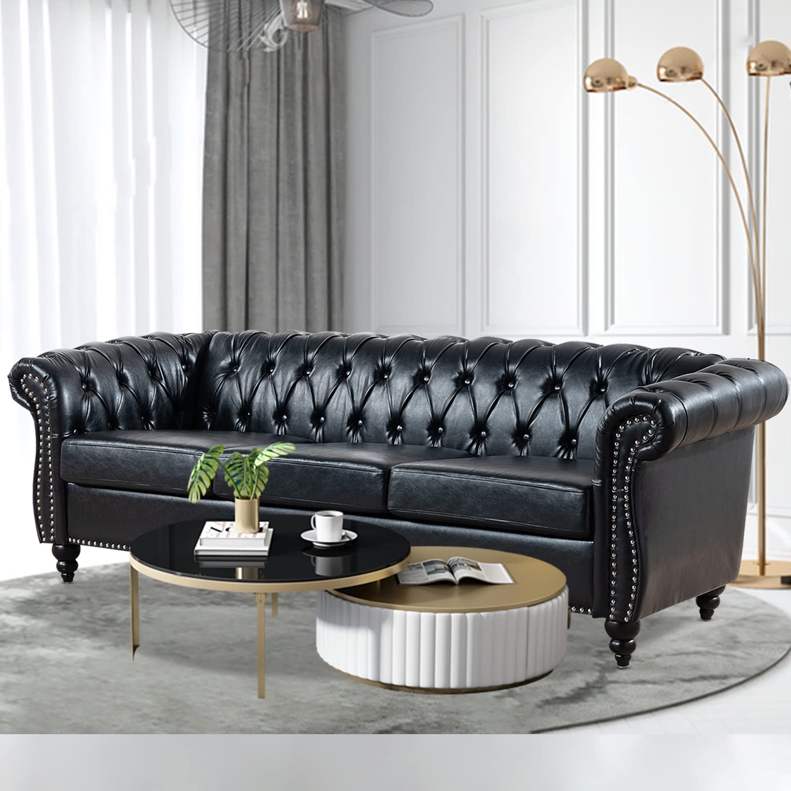 TINGMAMADEHUA Black Chesterfield Sofa,3 Seater Sofas,Button Tufted Faux Leather Couch for Living Room Bedroom Office