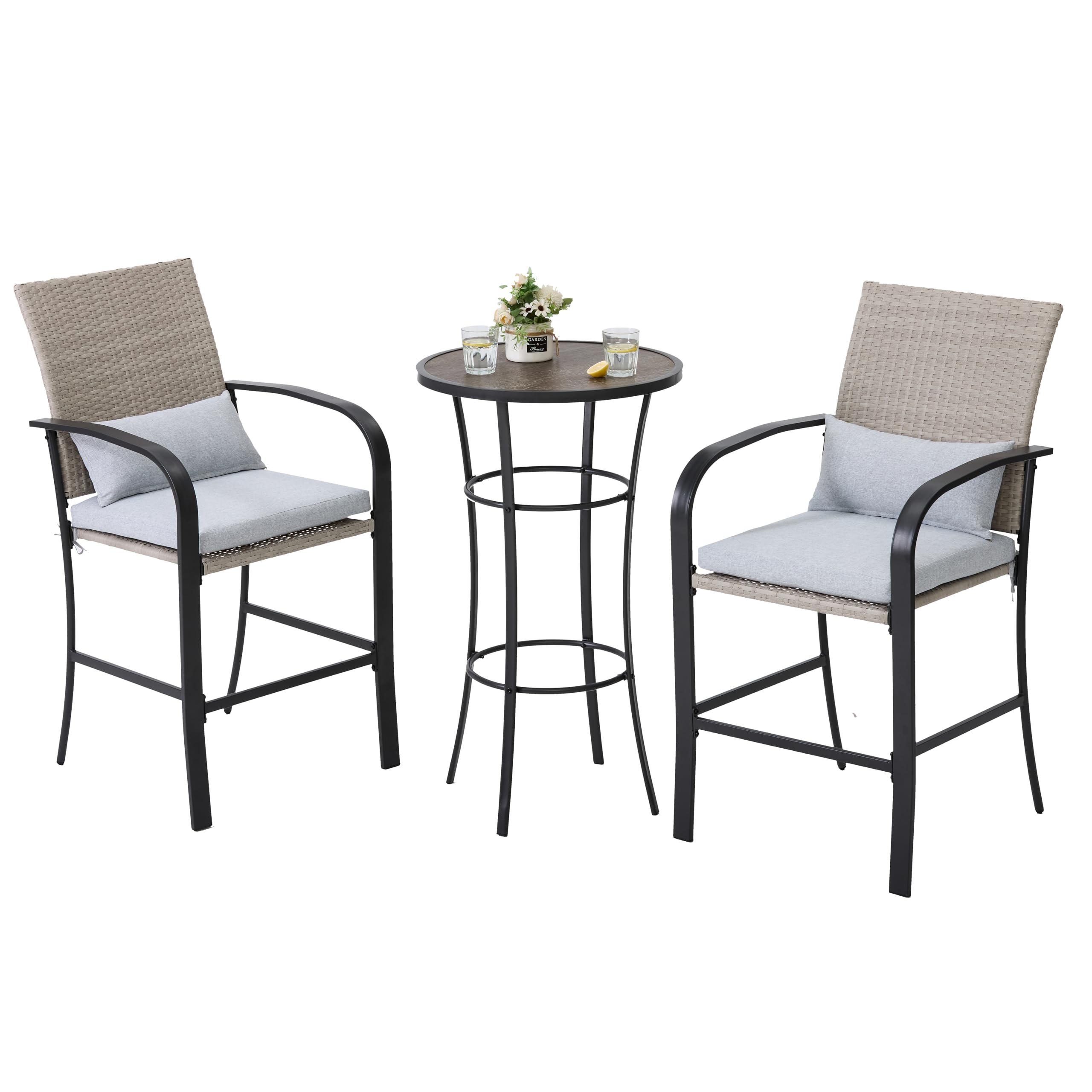 Apepro Outdoor Bar Table Set for 2,Patio Bar Height Table and Chairs Set with Soft Cushions and Steel Frame,Grey