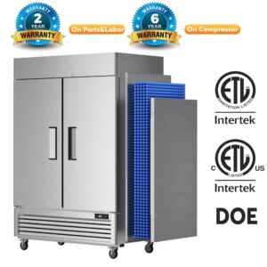 Coolski 54’’ Commercial Freezer with 2 Door, Stainless Steel Reach-in Freezer Upright with 49 Cu.Ft/8 Shelves, Two Section Fan Cooling Freezers for Restaurant Garage ETL NSF Approved