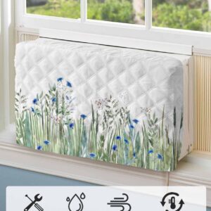 Leaves Plants Indoor Air Conditioner Cover for Window Units, Double Insulation Adjustable Waterproof Indoor AC Cover with Elastic Straps Wildflower Botanical Flower Blue Green 25'' x 18'' x 3.5''