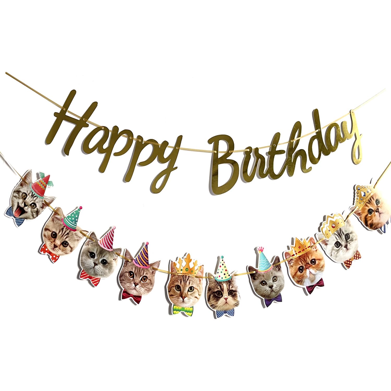 YUNSHANGMO Happy Birthday Banner Cat Garland Funny Birthday Decor Cat Face Bday Party Bunting Decorations Gold Birthday Sign