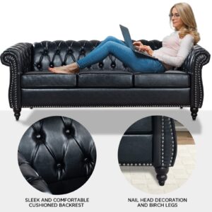 TINGMAMADEHUA Black Chesterfield Sofa,3 Seater Sofas,Button Tufted Faux Leather Couch for Living Room Bedroom Office