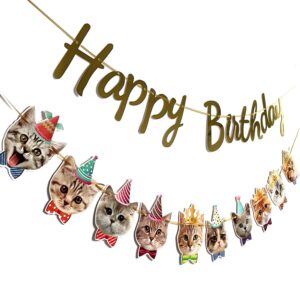 yunshangmo happy birthday banner cat garland funny birthday decor cat face bday party bunting decorations gold birthday sign