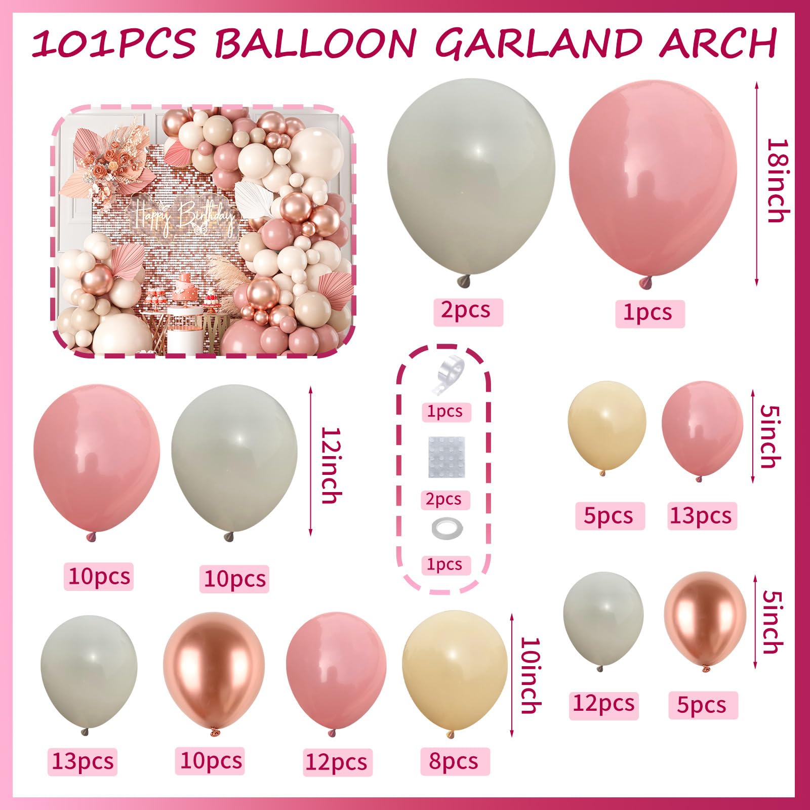 Blush Pink Balloon Arch Kit, 101 Pcs Double Stuffed Nude Balloon Arch Garland with Rose Gold Apricot Dusty Pink Latex Balloon Sand White Cream Balloon for Girls Birthday Wedding Baby Shower Decoration