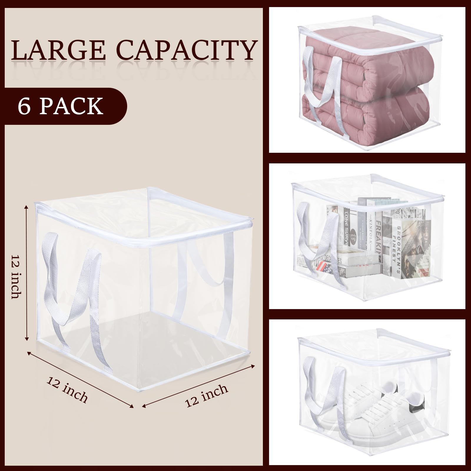 6 Pcs Clear Zippered Organizers 12 × 12 × 12 inch PVC Clear Clothes Storage Bags with Reinforced Handles Moving Bags with Zippers for Clothes, quilts, shoes, blankets (6)