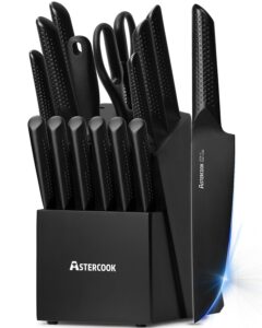 astercook kitchen knife set, 15 pieces chef knives set with block, german stainless steel handle one-piece design knife block sets dishwasher safe black