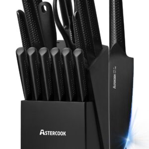 Astercook Kitchen Knife Set, 15 Pieces Chef Knives Set with Block, German Stainless Steel Handle One-Piece Design Knife Block Sets Dishwasher Safe Black