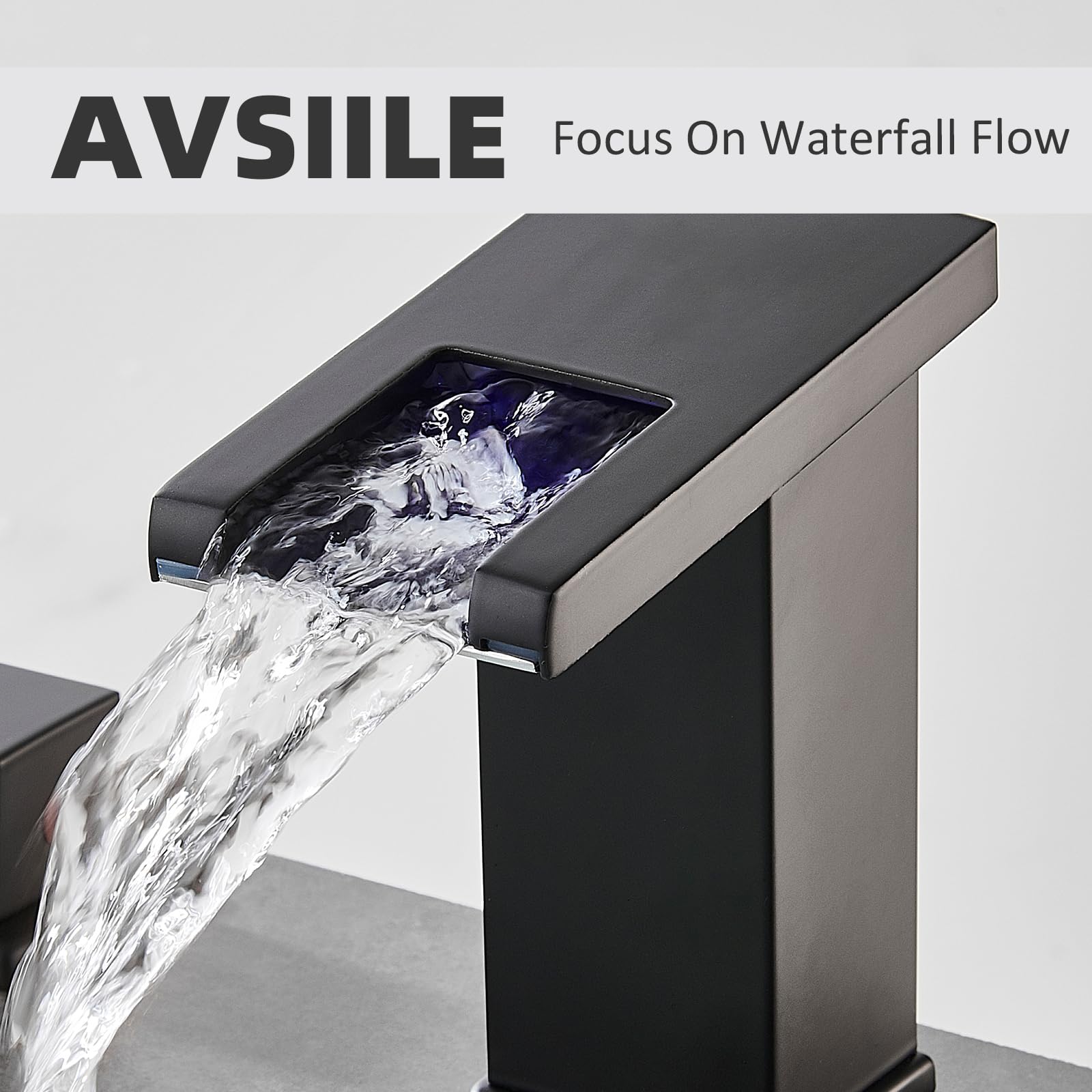 AVSIILE LED Bathroom Faucet 3 Hole, Matte Black Waterfall Bathroom Faucets, 8 Inch Widespread Modern Bathroom Sink Faucet & Parts, Wide Spread Touch On Three Hole 2 Handle Bathroom Vanity Faucet