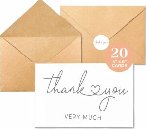 thank you cards with envelopes, 20 pack bulk white thank you cards 4 x 6 inch, thank you notes for wedding,bridal shower, business, baby shower, small business, graduation opening ceremony new year