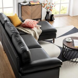 HULALA HOME 108" L Shaped Faux Leather Couch, 3 Seater Chaise Lounge Sofa with Comfy Pillow-Designed Armrest&Backrest, Mid Century Modern Sofa Couch for Living Room, Black