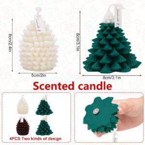 Whaline 4Pcs Christmas Tree Pinecone Shaped Candle Set White Brown Green Xmas Wax Scented Candles for Winter Holiday Party New Year Room Table Decor Gifts Supplies