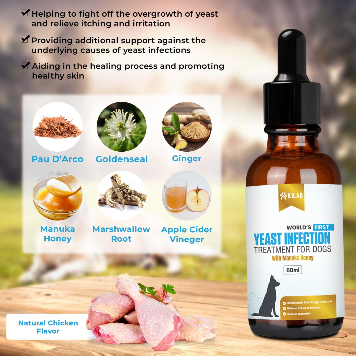 Kilab Natural Yeast Infection Treatment for Dogs. Supports Healthy Itch Relief, Inflammation Relief, Allergy Relief & More. Dog Yeast Infection Treatment. (60 ML)