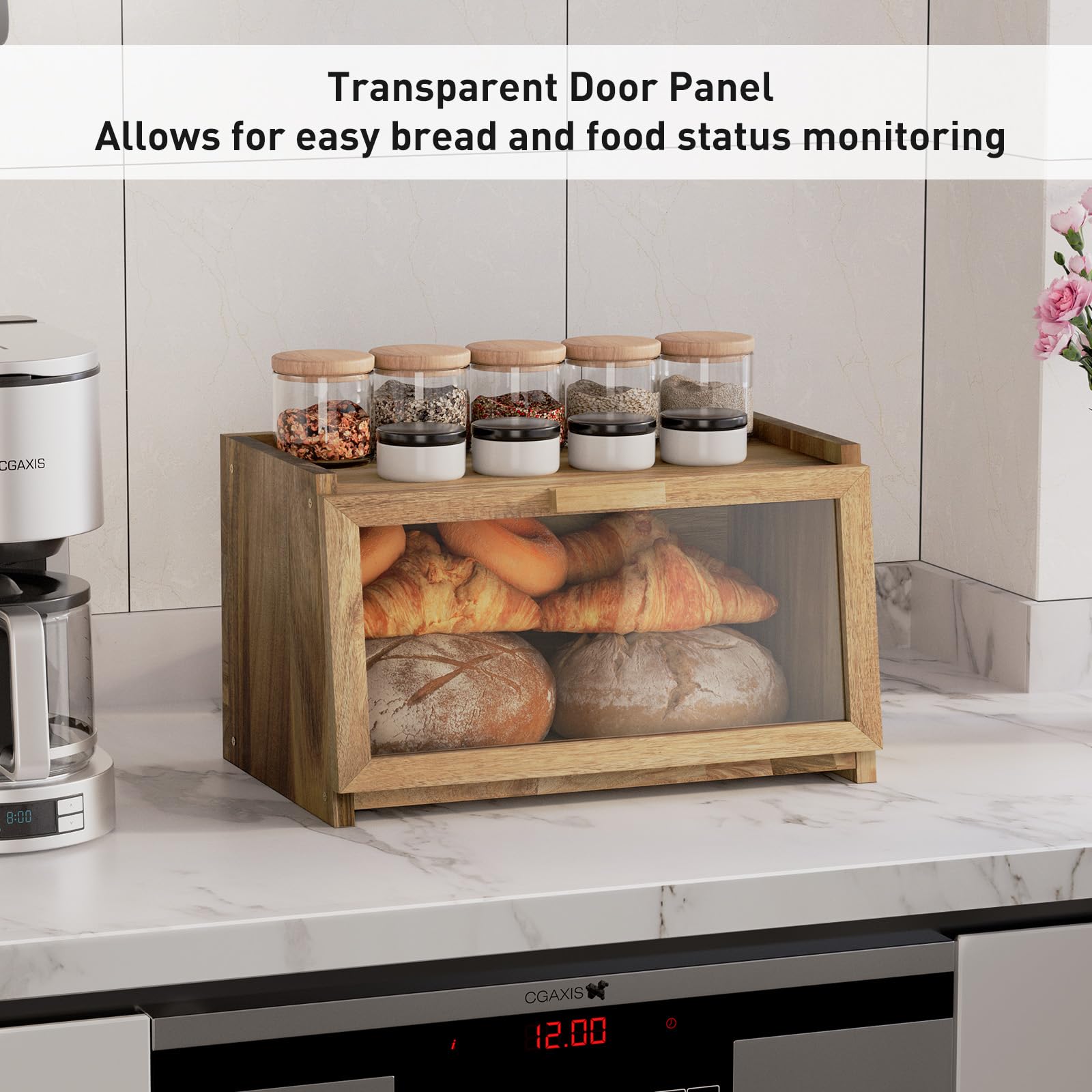 Acacia Wood Bread Box for Kitchen Countertop, Large Wooden Bread Storage Container, with Clear Window Back Air Vent and Anti-falling Design, Bread Boxes for Keeping Food Fresh in Home and Kitchen