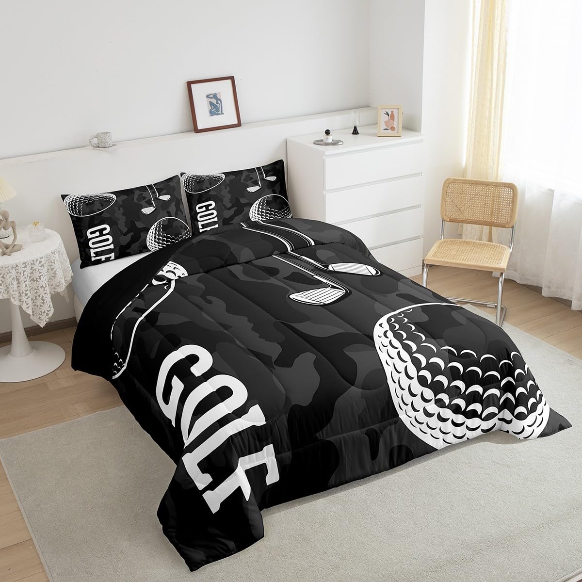 Erosebridal Golf Print Comforter Set Black Camo Bedding Sets King Kids Boys Teens Camouflage Comforter Sports Themed Bedding,Ball Gaming Duvet Golf Balls Quilt 3 Piece Soft Lightweight Down Comforter