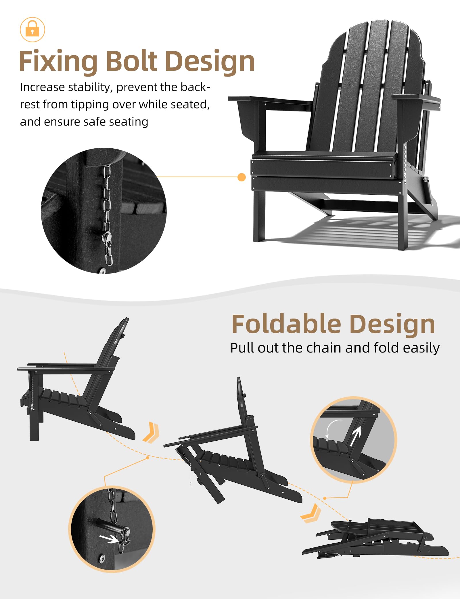 Folding Adirondack Chair - Durable HDPE Poly Lumber All-Weather Resistant, Foldable Oversized Balcony Porch Patio Outdoor Chair for Lawn, Backyard, Deck, Garden, Camping - Easy Installation, Black