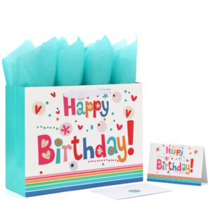 qirrmiy 13" large gift bag set with greeting card and green tissue paper(cute ‘happy birthday’) for baby shower,kids birthday party, newborn, new moms or parents, and more- 13”x5.2”x10.2”, 1 pcs