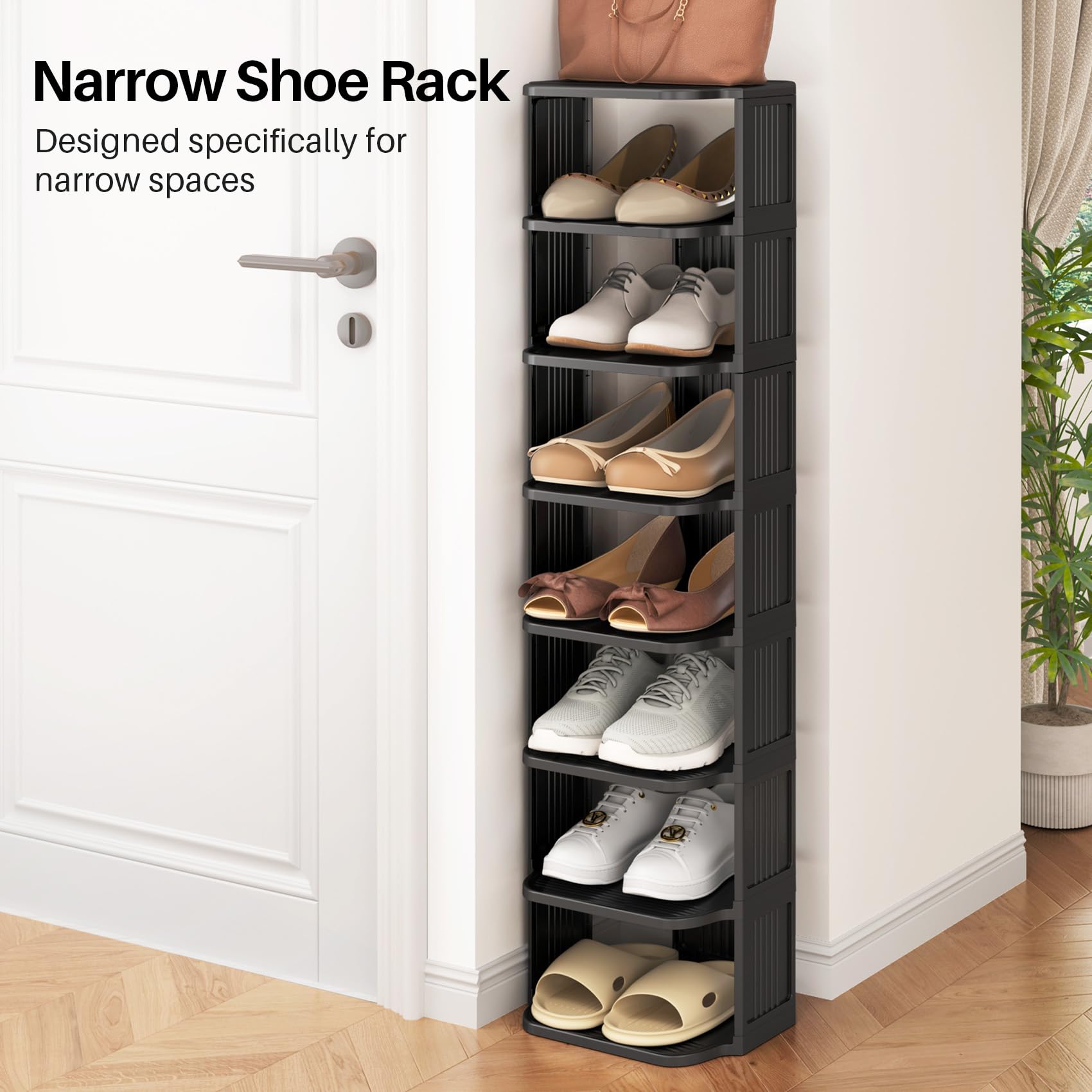 Kitstorack Small Shoe Rack, 8 Tiers Stackable Shoe Rack for Closet DIY Free Standing Shoe Organizer Vertical Shoe Rack for Small Spaces and Narrow Spaces, Plastic