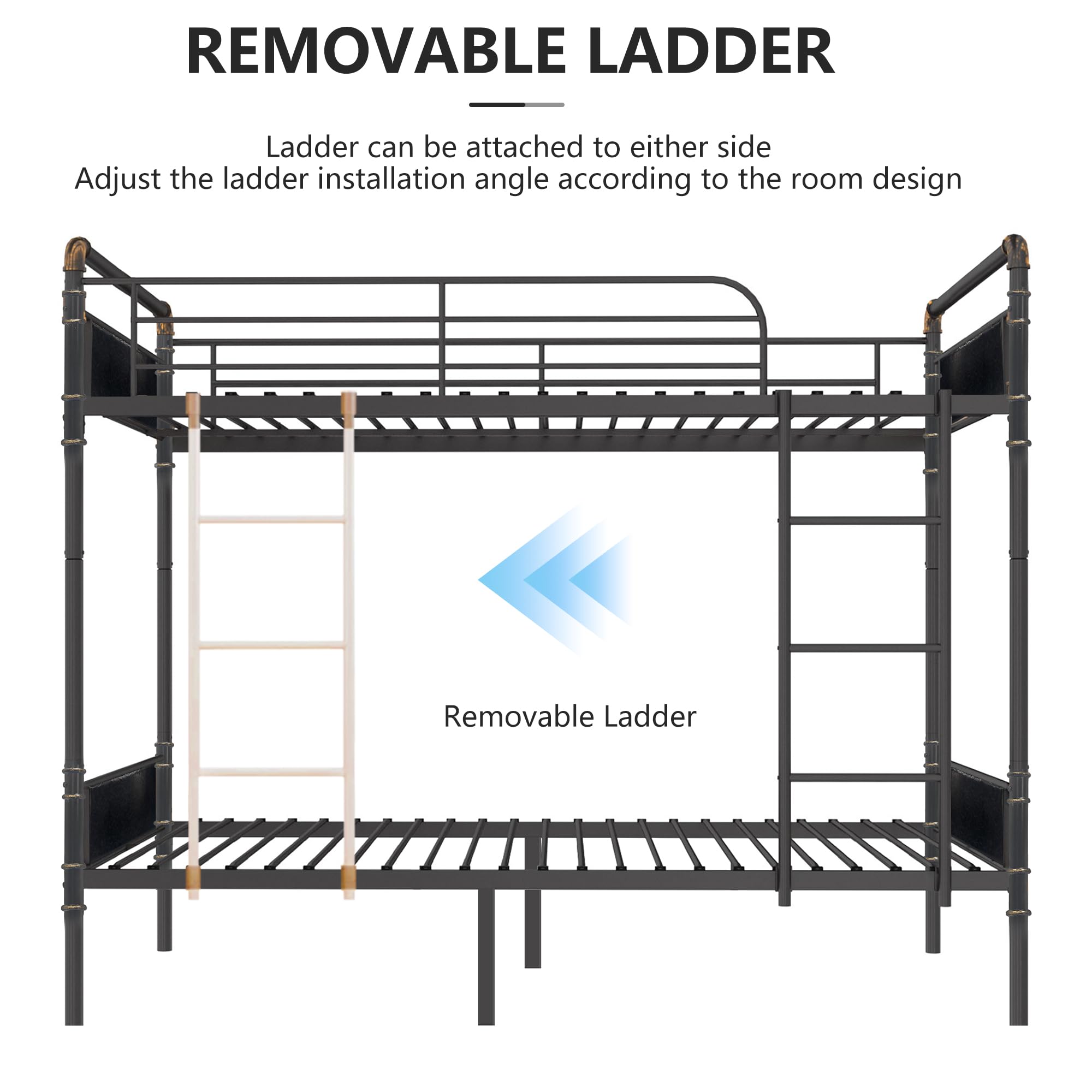 2 IN 1 Metal Bunk Bed Twin Over Twin, Convertible Twin Bunk Beds into 2 Individual Twin Size Bed for Kids Adults, 16.5" High Guard Rail,Space-Saving No Box Spring Needed Easy Assembly (Black)