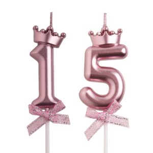 aoolada 15th birthday candles, rose gold 3d number 15 happy birthday candle with crown, cake topper decorations for teenagers boys girls